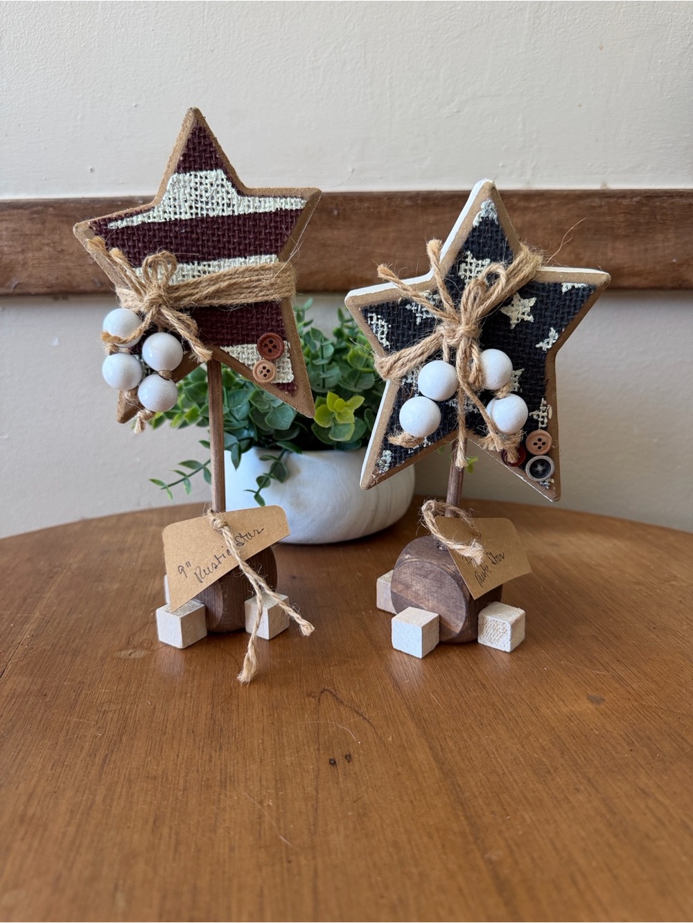 Rustic Burlap Star USA Holiday Table Decor - Set of 2